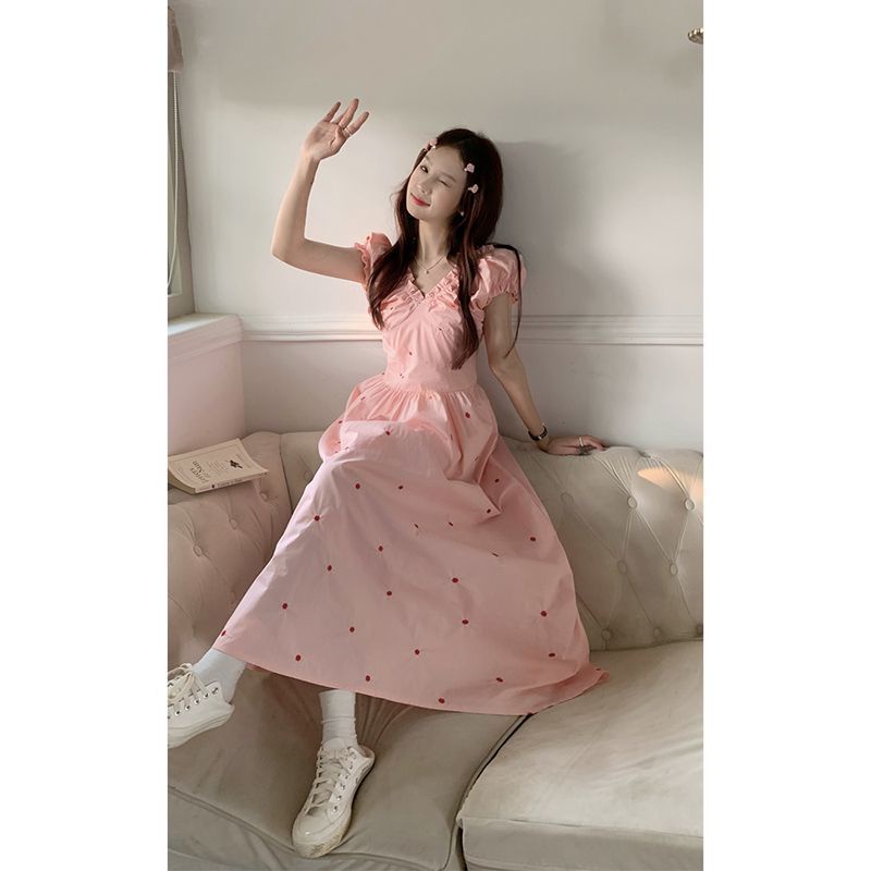 Đầm Tay Phồng Ngắn Cổ Chữ V Ôm Eo Thời Trang Mùa Hè Xinh Xắn Cho Nữ