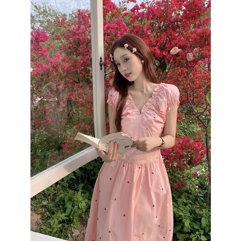 Đầm Tay Phồng Ngắn Cổ Chữ V Ôm Eo Thời Trang Mùa Hè Xinh Xắn Cho Nữ