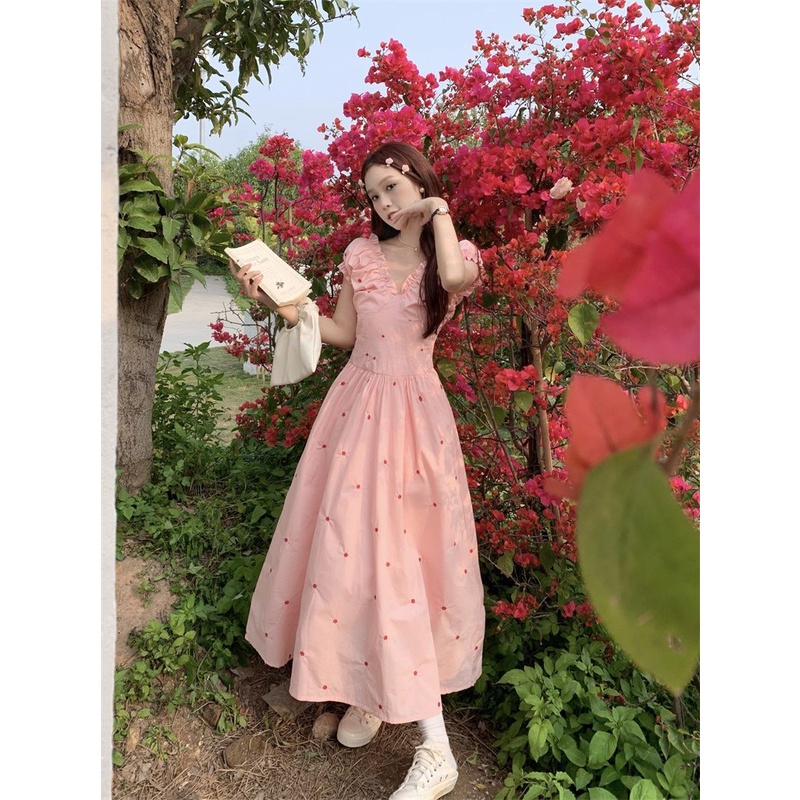 Đầm Tay Phồng Ngắn Cổ Chữ V Ôm Eo Thời Trang Mùa Hè Xinh Xắn Cho Nữ