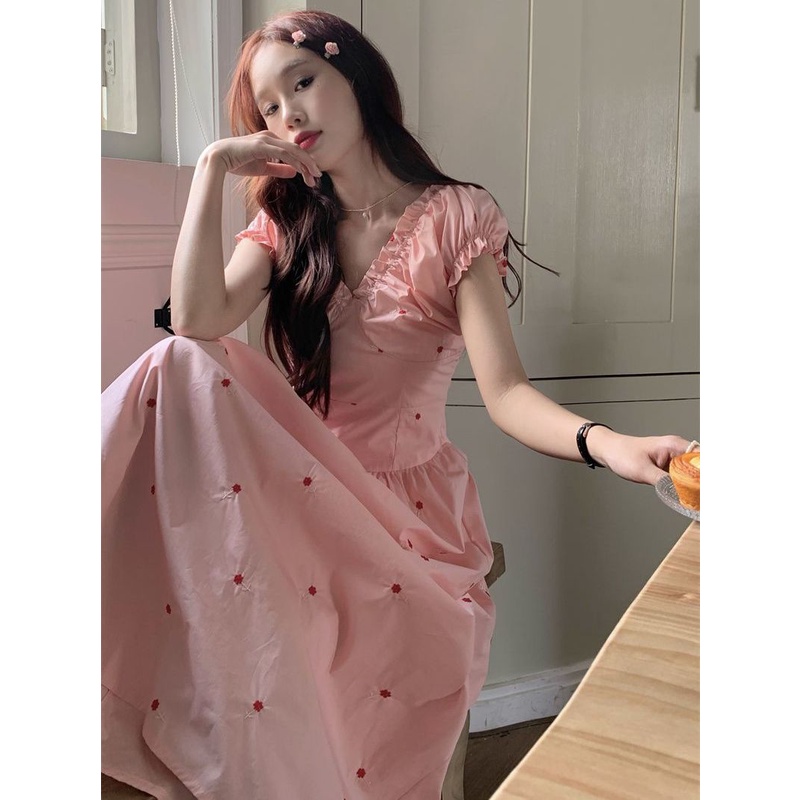 Đầm Tay Phồng Ngắn Cổ Chữ V Ôm Eo Thời Trang Mùa Hè Xinh Xắn Cho Nữ