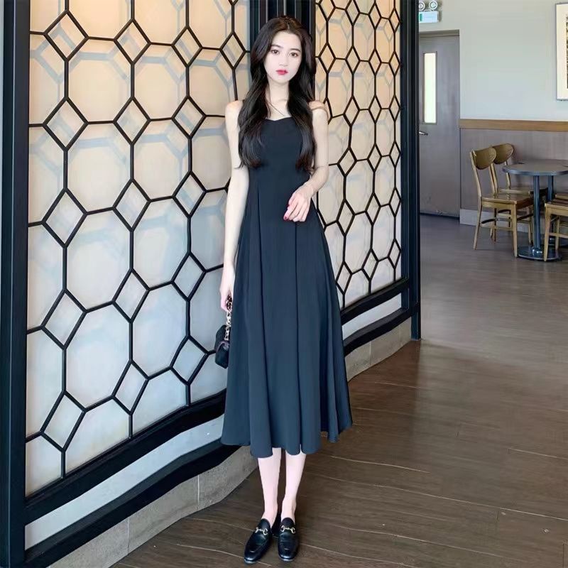 Đầm Hai Dây Dáng Dài Màu Đen Phong Cách Pháp Thời Trang Mùa Hè Xinh Xắn Cho Nữ