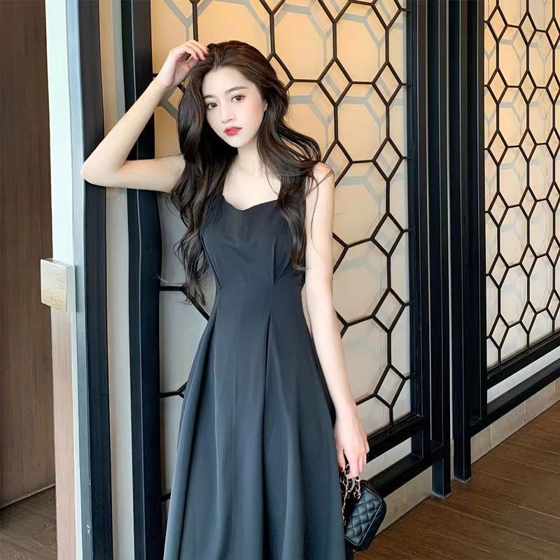 Đầm Hai Dây Dáng Dài Màu Đen Phong Cách Pháp Thời Trang Mùa Hè Xinh Xắn Cho Nữ
