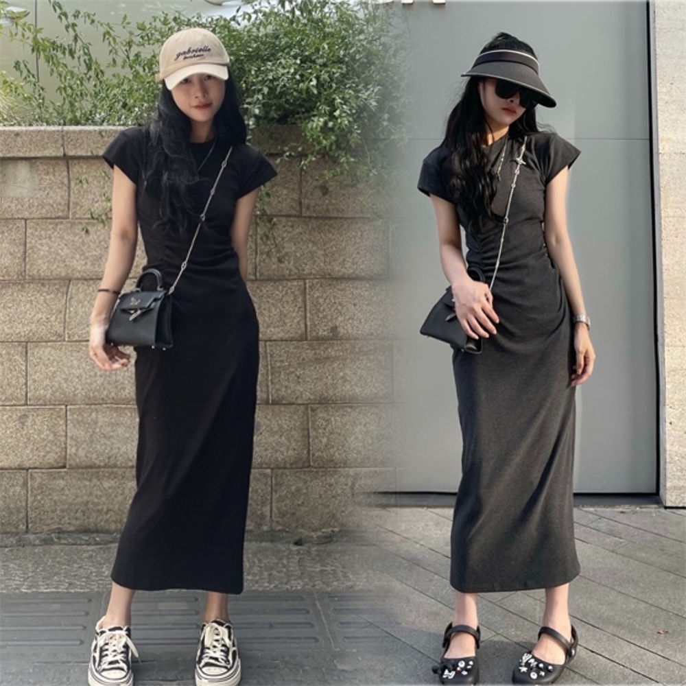 Đầm Thun Tay Ngắn Màu Xám Thời Trang Mùa Hè Cho Nữ