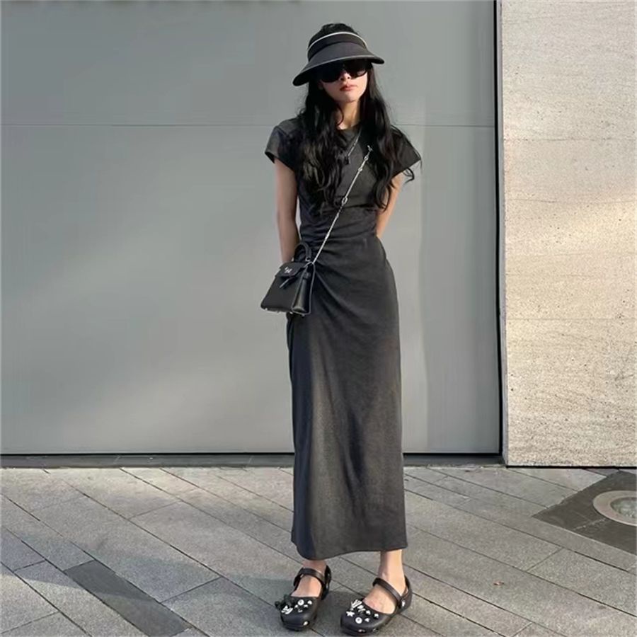 Đầm Thun Tay Ngắn Màu Xám Thời Trang Mùa Hè Cho Nữ