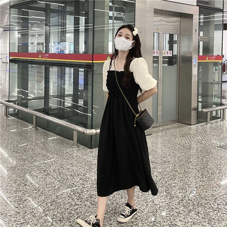 Đầm Đen Cổ Vuông Dáng Chữ a Phong Cách Pháp Thời Trang Mùa Hè Xinh Xắn Cho Nữ