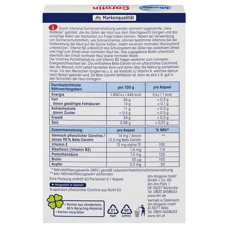 [HÀNG NỘI ĐỊA ĐỨC] VIÊN CHỐNG NẮNG CAROTIN MIVOLIS, BẢO VỆ DA TOÀN CƠ THỂ, CHỐNG LÃO HOÁ, NÁM, SẠM, HỘP 60 VIÊN, AN TOÀN | BigBuy360 - bigbuy360.vn