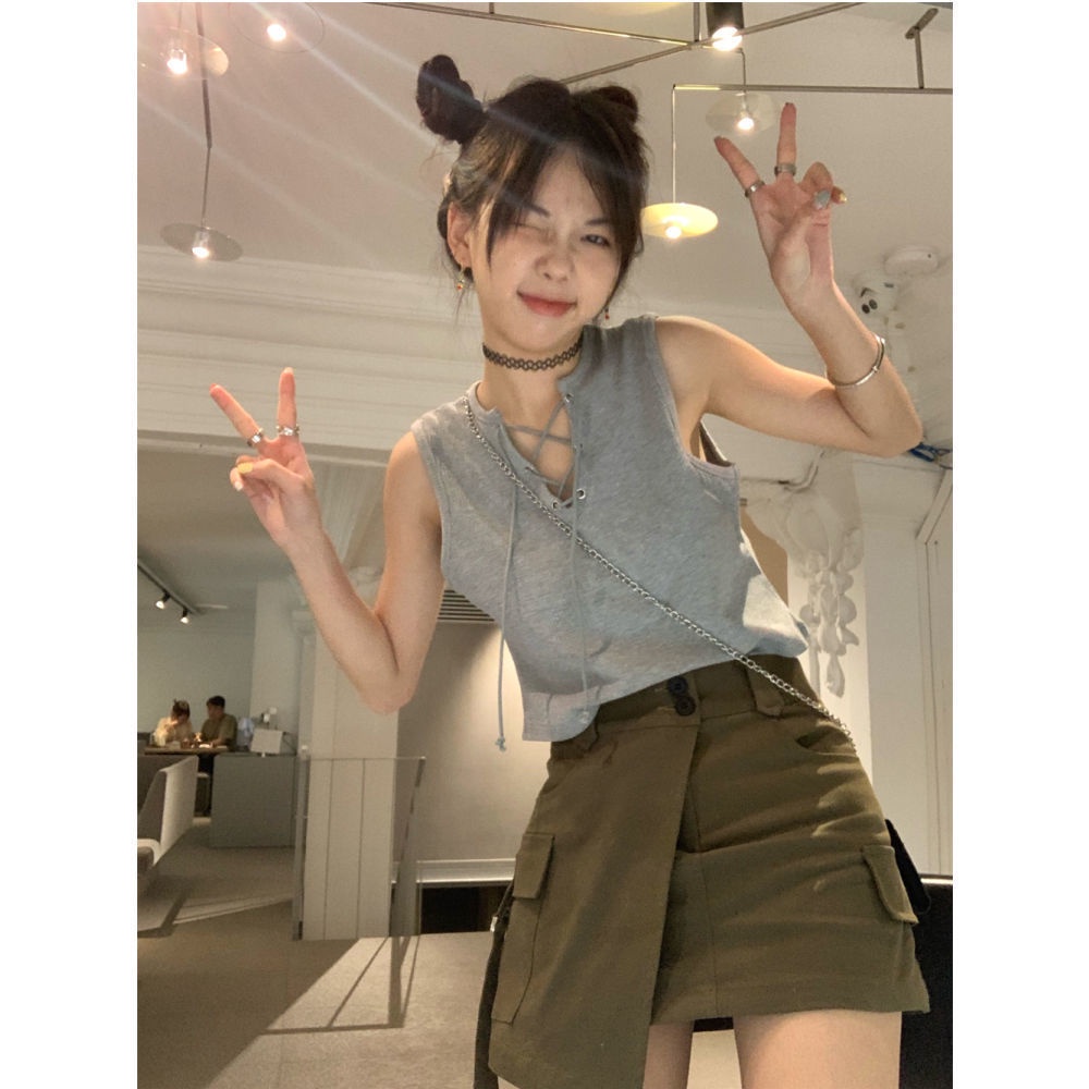 Jiashucheng Áo Thun Sát Nách Dáng Ôm Cột Dây Màu Trơn Phong Cách Mùa Hè Mới Ngọt Ngào Dễ Phối Đồ Cho Nữ