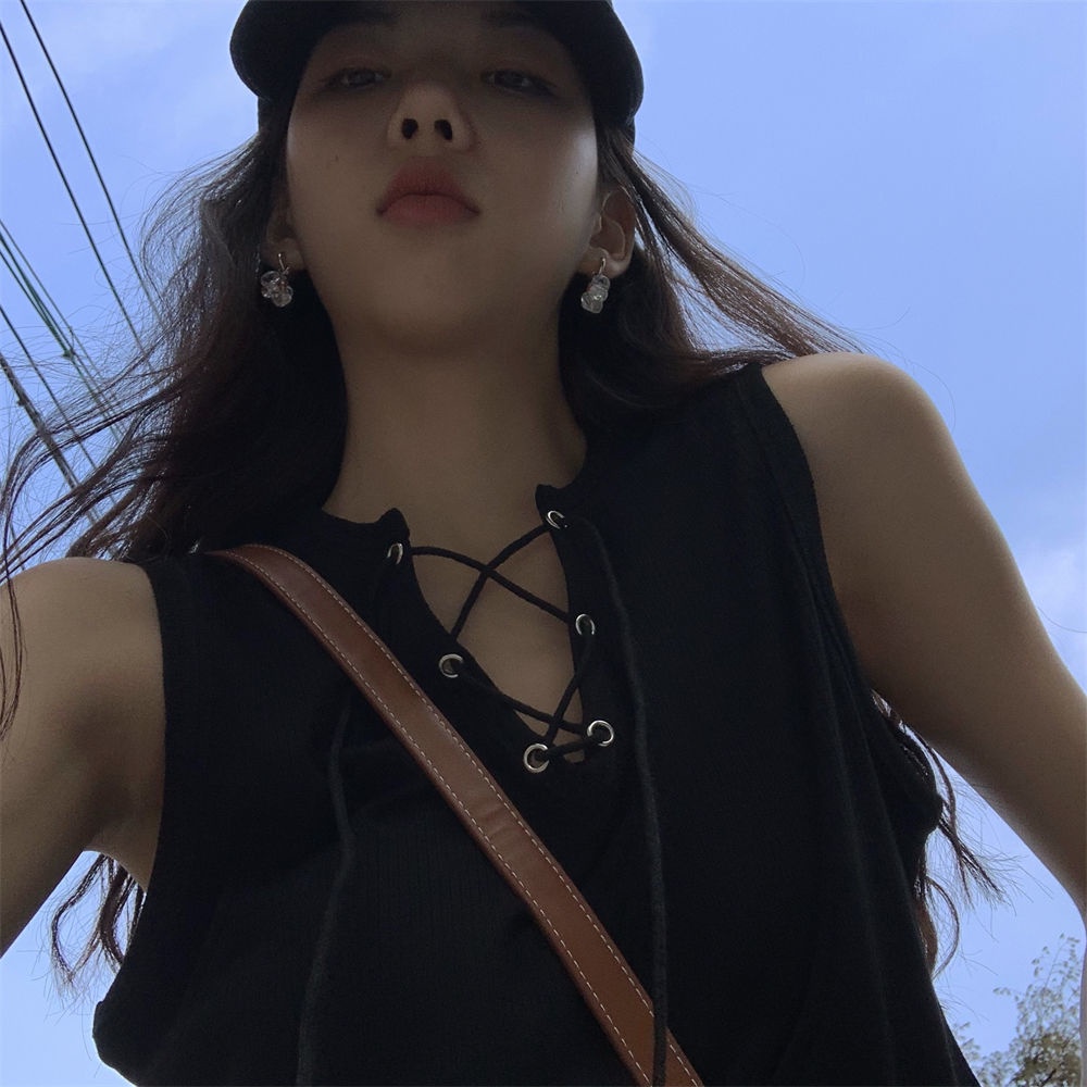 Jiashucheng Áo Thun Sát Nách Dáng Ôm Cột Dây Màu Trơn Phong Cách Mùa Hè Mới Ngọt Ngào Dễ Phối Đồ Cho Nữ