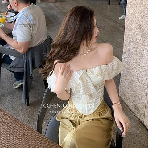 Áo Kiểu Trễ Vai Dáng Chữ u Viền Bèo Nhún Phong Cách Pháp Ngọt Ngào Cao Cấp