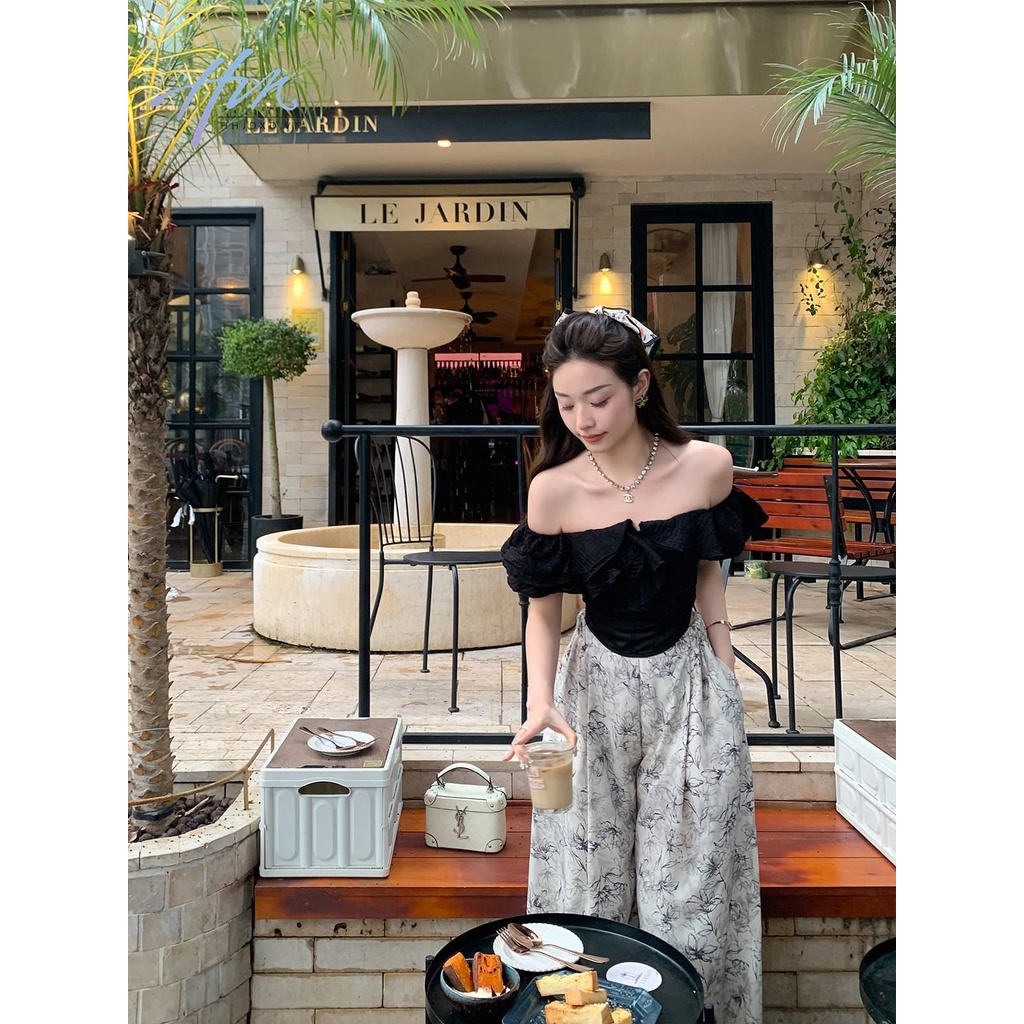 Áo Kiểu Trễ Vai Dáng Chữ u Viền Bèo Nhún Phong Cách Pháp Ngọt Ngào Cao Cấp