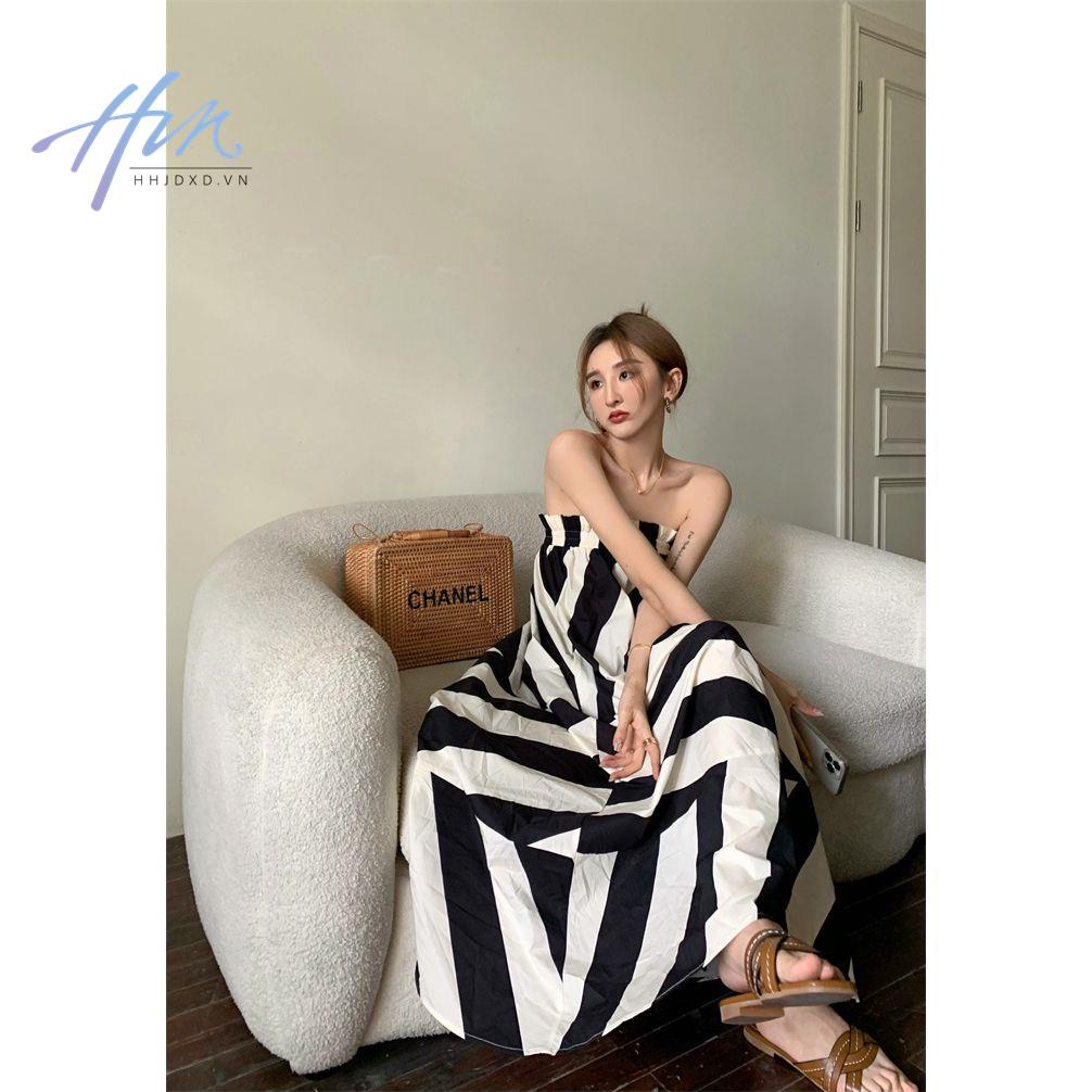 Sansan Đầm Ống Mỏng Kẻ Sọc Kiểu Retro
