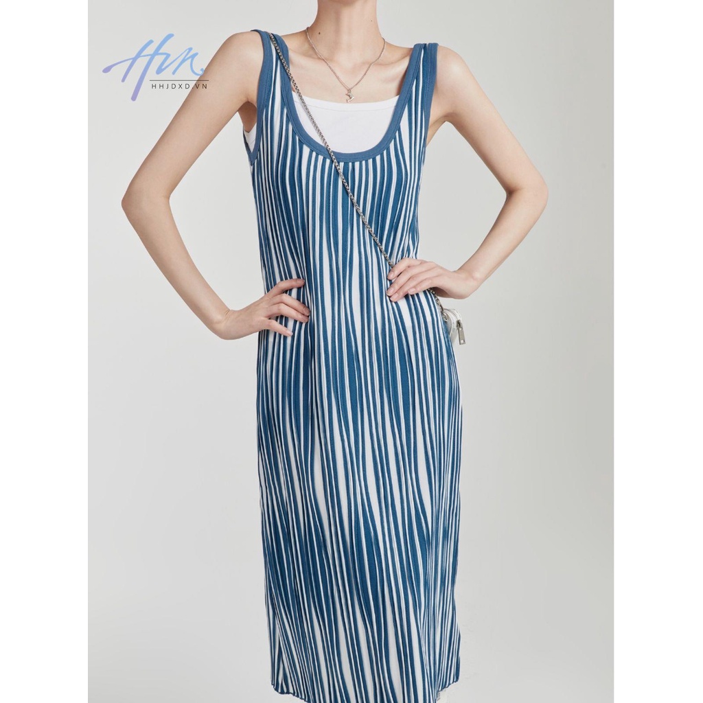 Đầm Dài Hai Dây Dệt Kim Kẻ Sọc Phong Cách Mới Mùa Hè 2023 Cho Nữ