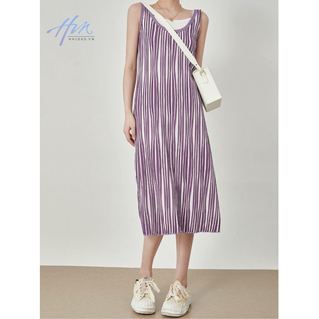 Đầm Dài Hai Dây Dệt Kim Kẻ Sọc Phong Cách Mới Mùa Hè 2023 Cho Nữ