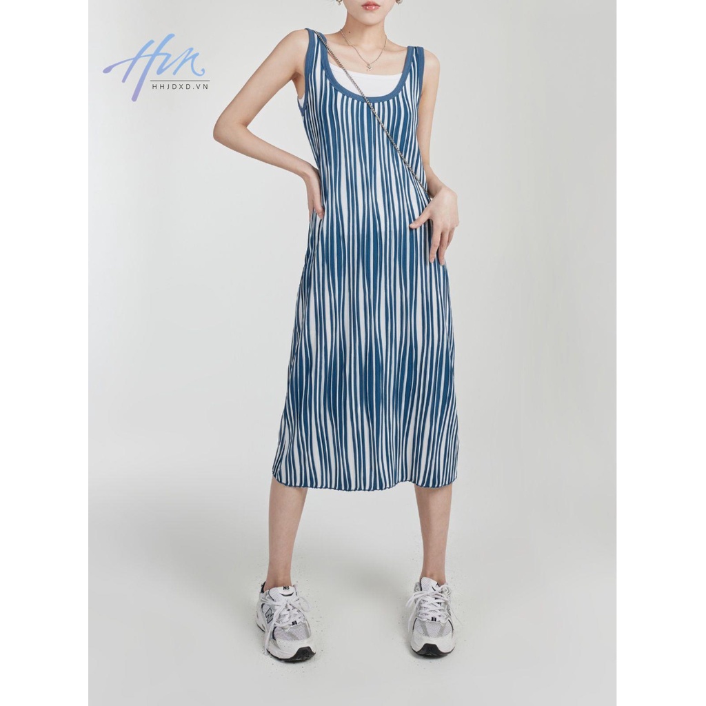 Đầm Dài Hai Dây Dệt Kim Kẻ Sọc Phong Cách Mới Mùa Hè 2023 Cho Nữ