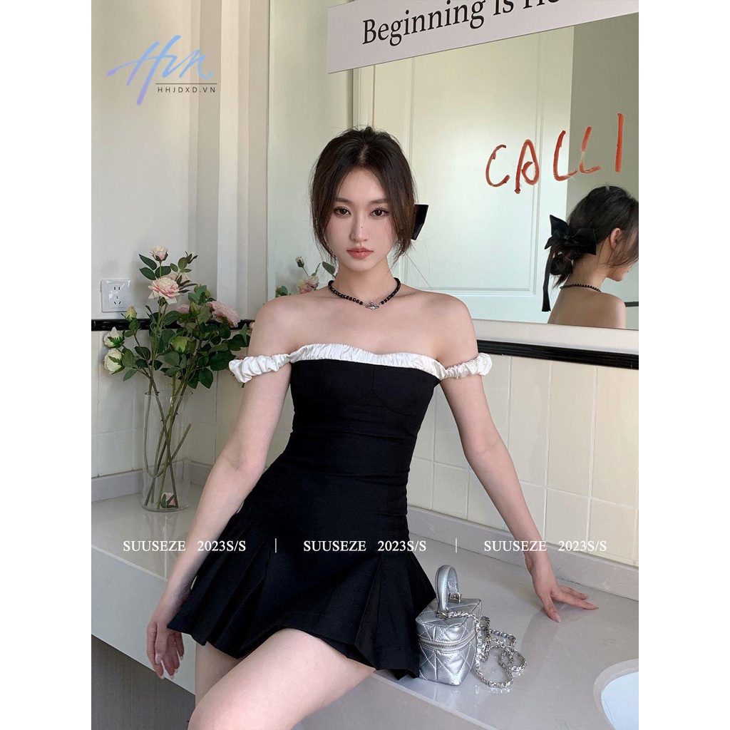 Đầm Đen Mùa Hè 2023 Dáng Ôm Hở Vai Eo Nhỏ Gợi Cảm Cho Nữ