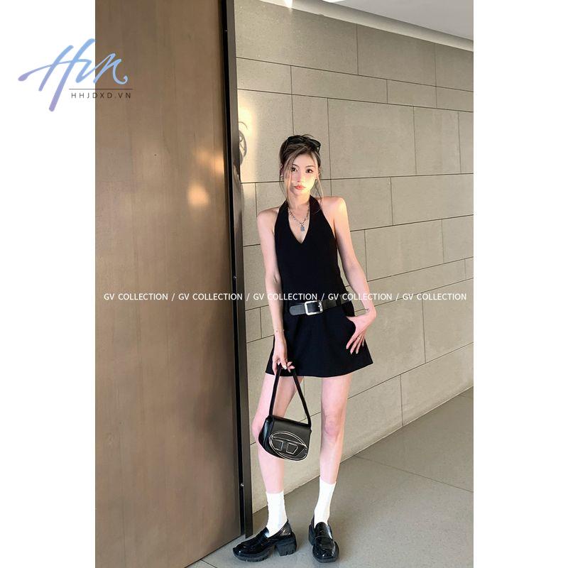 Đầm Hai Dây Mùa Hè 2023 Màu Đen Phong Cách Hàn Quốc Cho Nữ