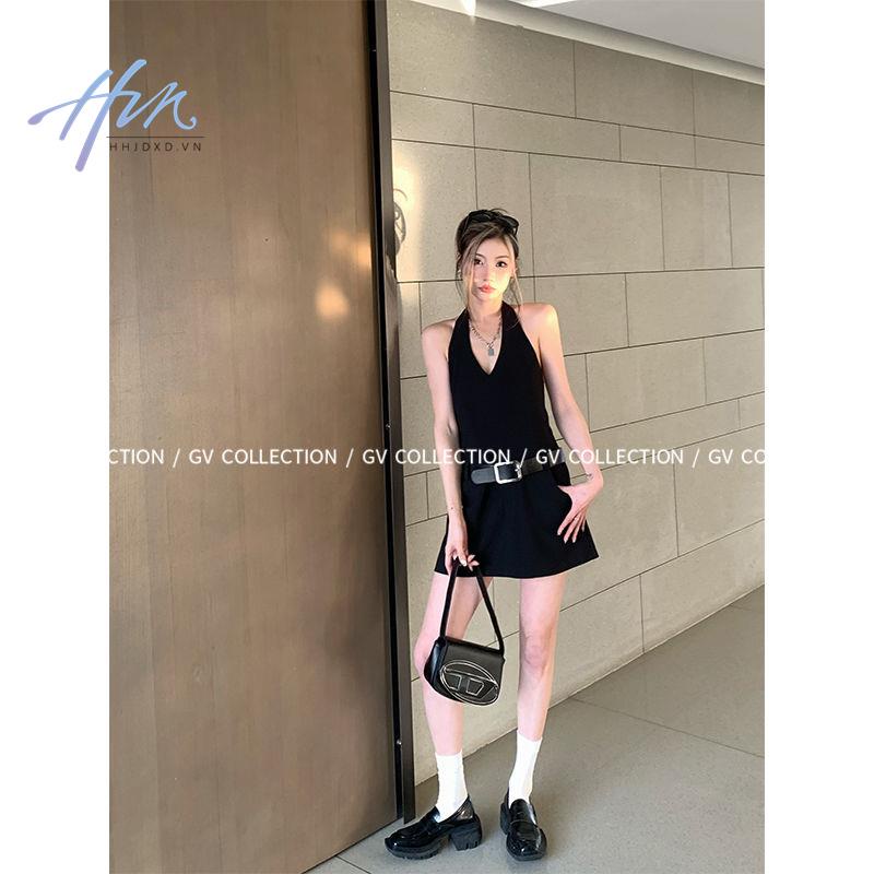 Đầm Hai Dây Mùa Hè 2023 Màu Đen Phong Cách Hàn Quốc Cho Nữ
