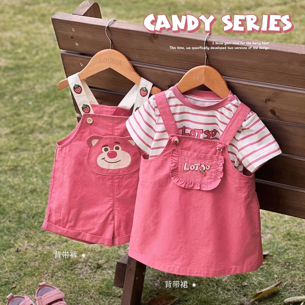 Hàng Mới Về Set Áo Thun Ngắn Tay Và Quần Yếm Hình Gấu Dâu Tây Dễ Thương Cho Bé Gái