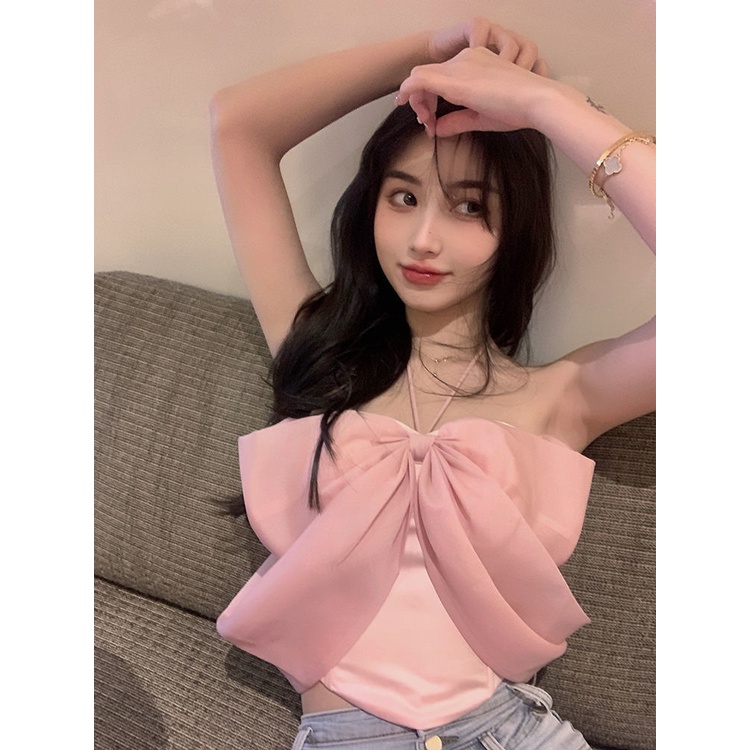 Jiashucheng Áo Ống Cổ Yếm Thắt Nơ Màu Hồng Thời Trang Mùa Hè Cho Nữ