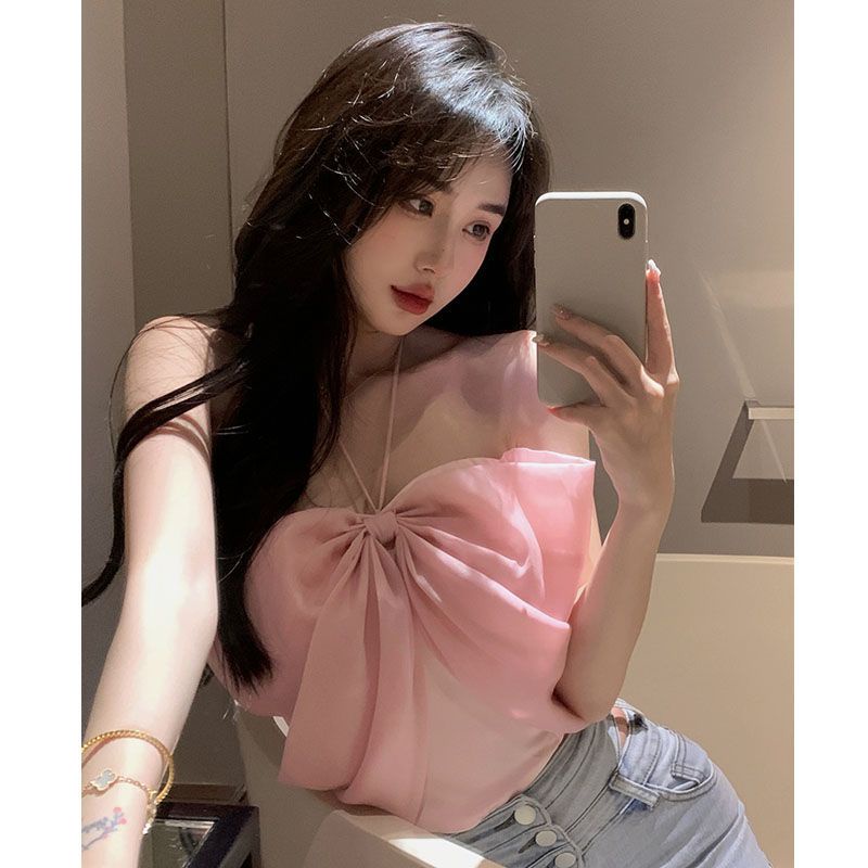 Jiashucheng Áo Ống Cổ Yếm Thắt Nơ Màu Hồng Thời Trang Mùa Hè Cho Nữ