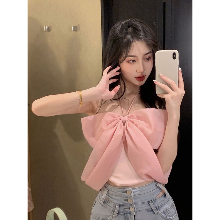 Jiashucheng Áo Ống Cổ Yếm Thắt Nơ Màu Hồng Thời Trang Mùa Hè Cho Nữ