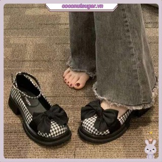 Giày Mary Jane gót thô nữ giày đơn nơ ghép đen trắng