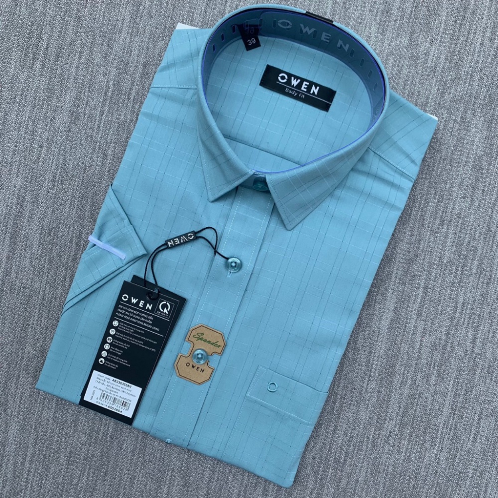 OWEN - Aó sơ mi ngắn tay Owen vạt ngang chất sợi tre màu xanh bạc hà kẻ ô chìm 230355 owenoutlet