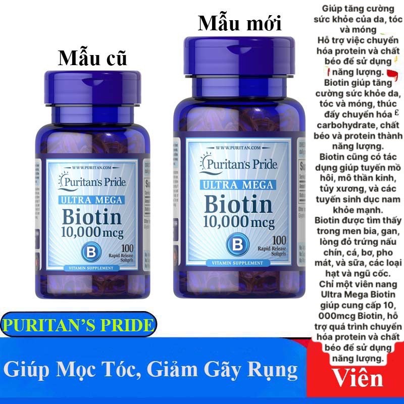 Biotin Puritan's Pride - Viên uống mọc tóc giảm rụng và dày tóc móng chắc khoẻ