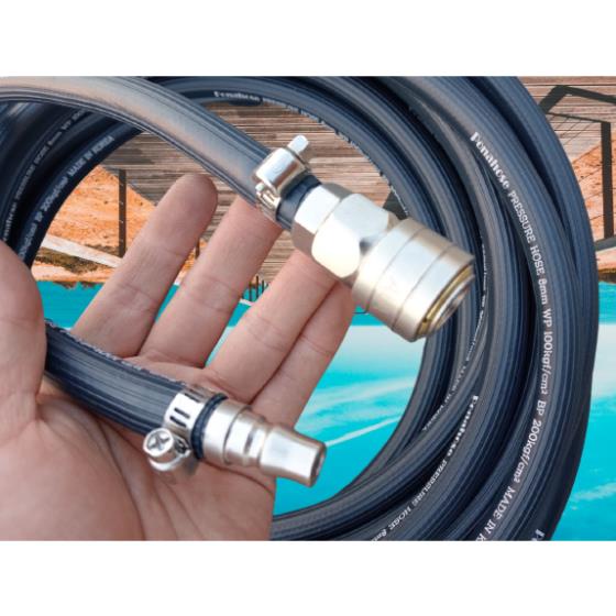 Dây hơi cao su bố vải ponahose 8mm dài 6m, made in Korea, lỗ 8mm, kèm bộ đầu nối nhanh cao cấp