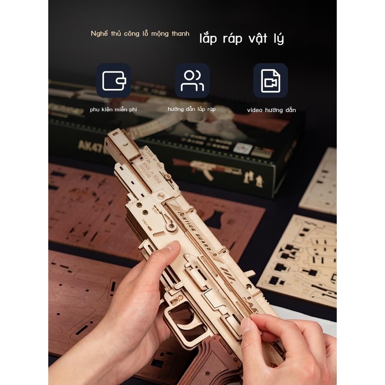 Ruoke Gỗ AK47 Cao Su Súng 3D Mô Hình Lắp Ráp Xếp Hình Ba Chiều Handmade Quà Tặng Trẻ Em Gỗ Súng Đồ Chơi
