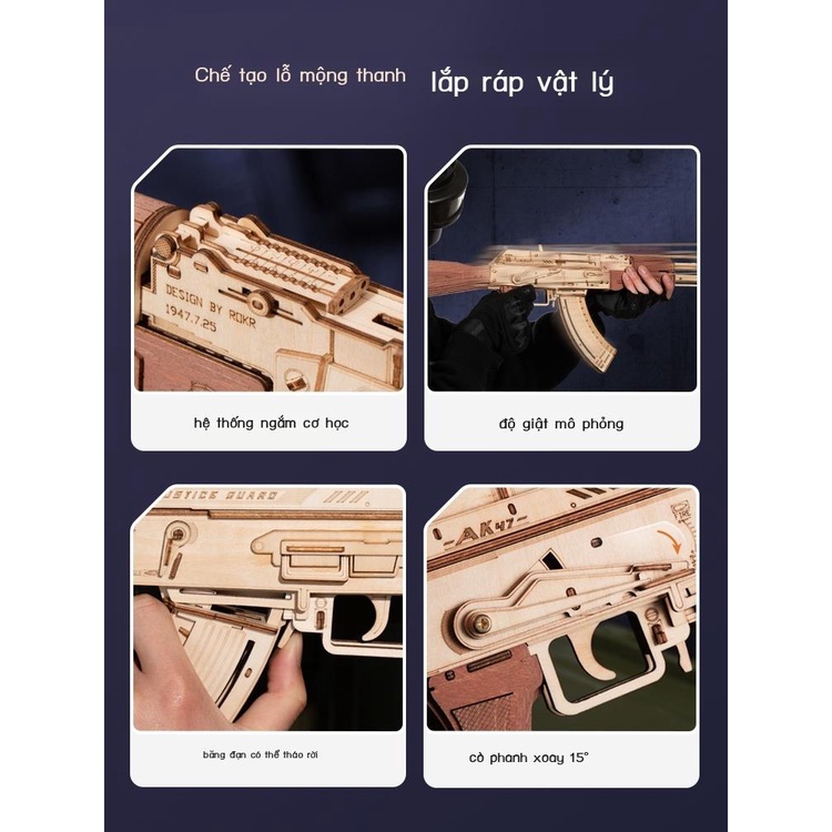 Ruoke Gỗ AK47 Cao Su Súng 3D Mô Hình Lắp Ráp Xếp Hình Ba Chiều Handmade Quà Tặng Trẻ Em Gỗ Súng Đồ Chơi