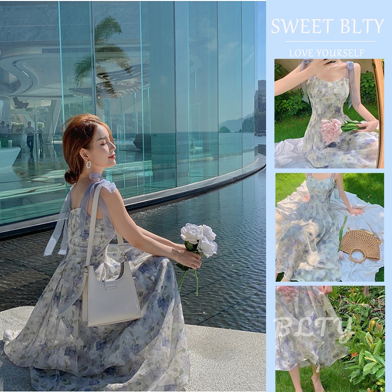 BLTY Đầm Hai Dây Chiết Eo Họa Tiết Tranh Sơn Dầu Phong Cách Pháp Thần Tiên Rừng Trà Thần Tiên break first love