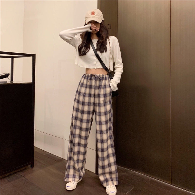 Jiashucheng Quần Thể Thao Ống Rộng Lưng Cao Họa Tiết Kẻ Sọc Phong Cách Hàn Quốc Thời Trang Xuân Hè Mới Cho Nữ