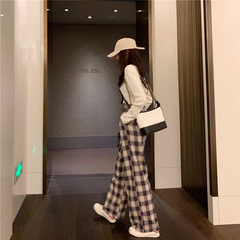 Jiashucheng Quần Thể Thao Ống Rộng Lưng Cao Họa Tiết Kẻ Sọc Phong Cách Hàn Quốc Thời Trang Xuân Hè Mới Cho Nữ