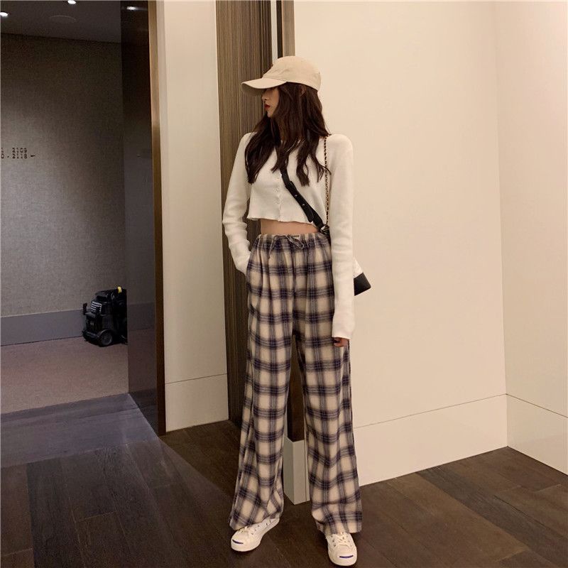 Jiashucheng Quần Thể Thao Ống Rộng Lưng Cao Họa Tiết Kẻ Sọc Phong Cách Hàn Quốc Thời Trang Xuân Hè Mới Cho Nữ