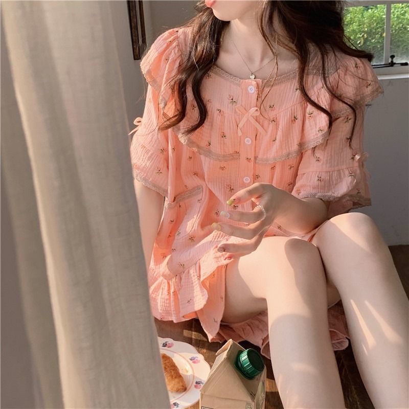 Jiashucheng Bộ Đồ Ngắn Tay Phối Ren Hoa Phong Cách Công Chúa Ngọt Ngào Có Thể Mặc Ngoài Trời