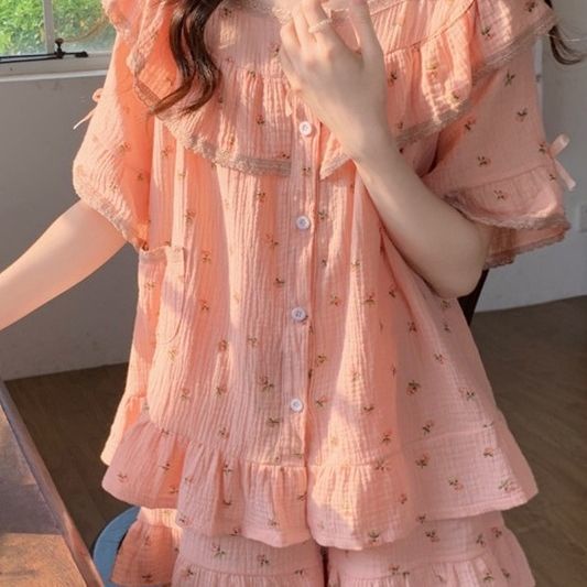 Jiashucheng Bộ Đồ Ngắn Tay Phối Ren Hoa Phong Cách Công Chúa Ngọt Ngào Có Thể Mặc Ngoài Trời