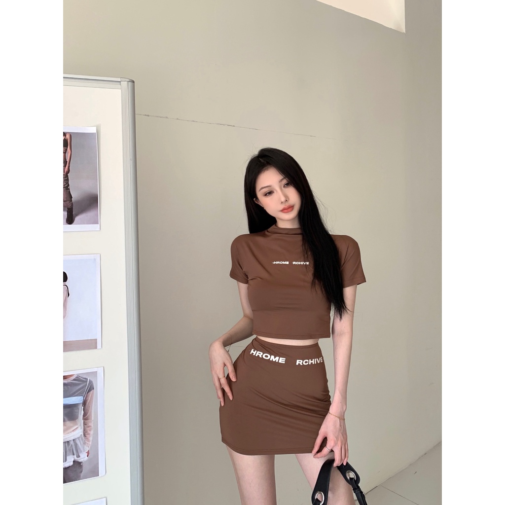 Cocory vn Set Áo Thun Ngắn Tay Cổ Tròn In Chữ Và Chân Váy Ôm Hông Thời Trang Dành Cho Nữ