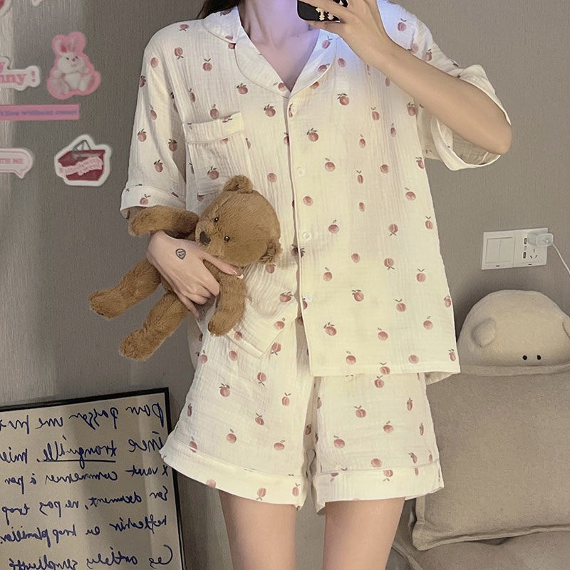 Jiashucheng Bộ Đồ Ngắn Tay Dáng Rộng In Hình Quả Đào Ngọt Ngào Dễ Thương Thời Trang Mùa Hè Dành Cho Bé