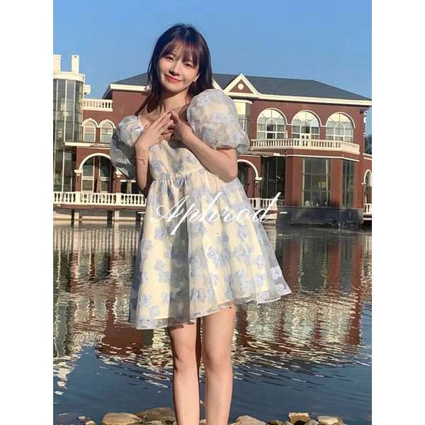 Đầm Công Chúa Tay Phồng Họa Tiết Hoa Nhỏ Xinh Xắn Phong Cách Pháp Thời Trang Cho Nữ