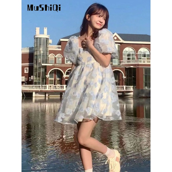 Mushiqi Đầm Công Chúa Tay Phồng In Hoa Tươi Tắn Nhỏ Nhắn Phong Cách Pháp Dành Cho Nữ