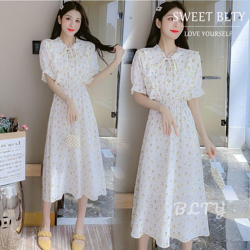 BLTY Đầm Hoa Ngắn Tay Phối Bèo Nhấn Eo Phong Cách Pháp Thanh Lịch Cho Nữ