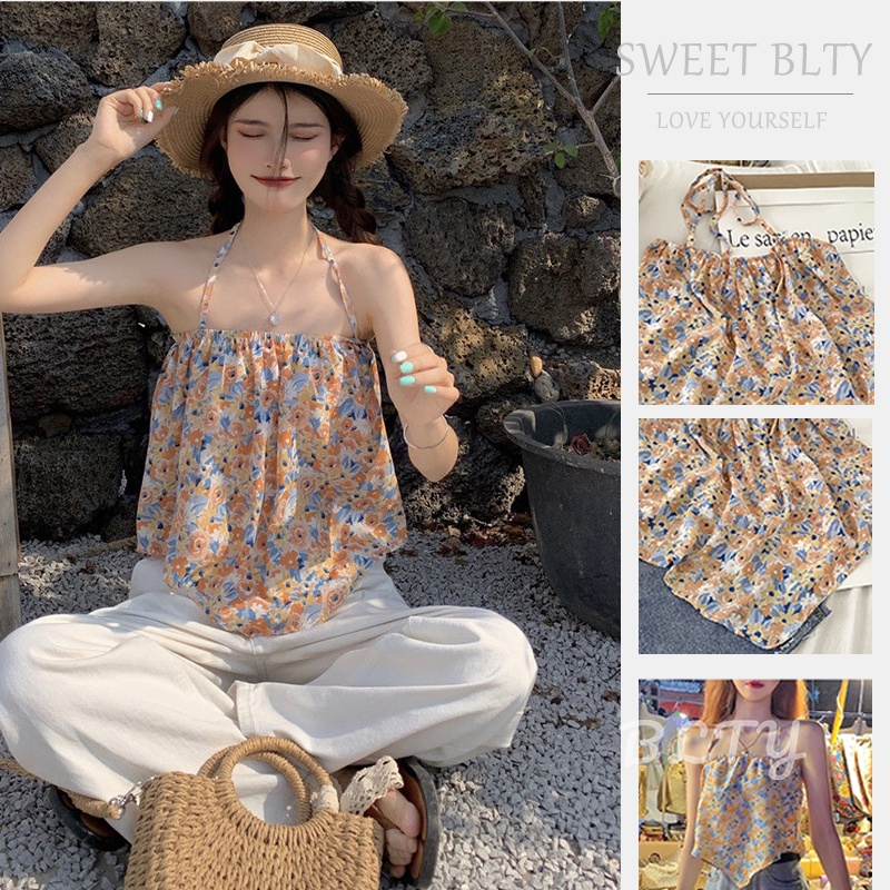 Blty Áo Thun Dáng Rộng Cổ Yếm In Hoa Nhỏ Thời Trang Mùa Hè Mới Cho Nữ