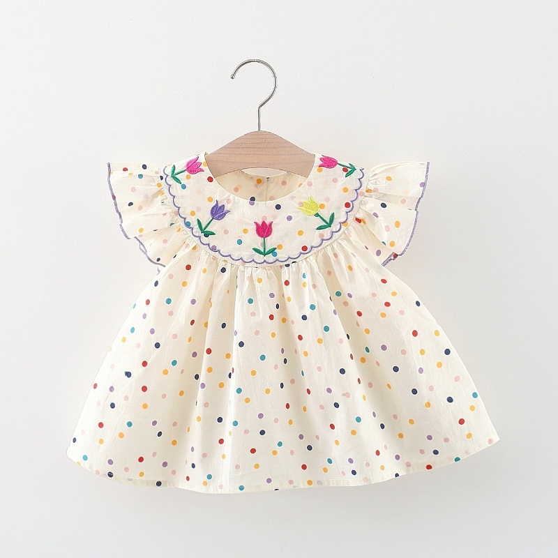 Cô gái mùa hè váy cotton cho bé thêu hoa chấm bay tay áo sơ sinh váy công chúa