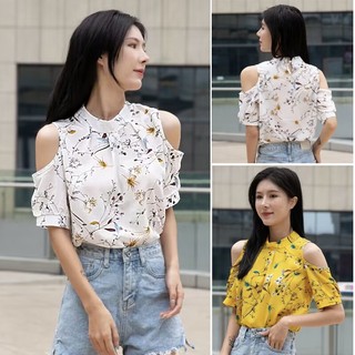 Áo voan in hoa hở vai ngắn tay thời trang hè cho nữ