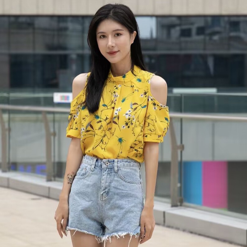 Áo voan in hoa hở vai ngắn tay thời trang hè cho nữ