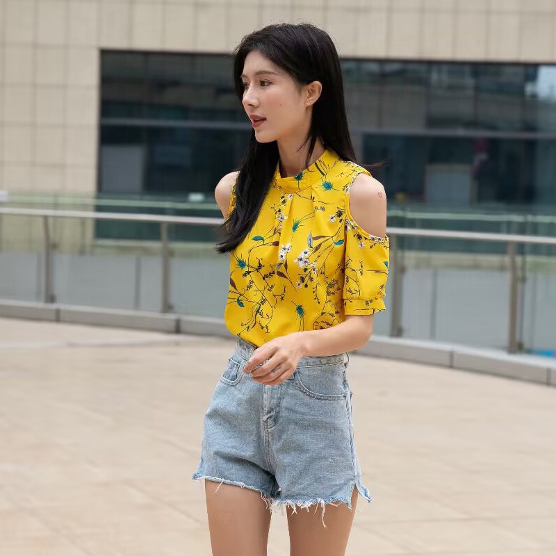 Áo voan in hoa hở vai ngắn tay thời trang hè cho nữ