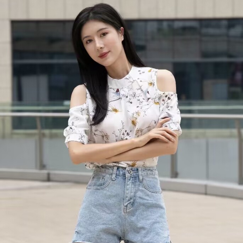 Áo voan in hoa hở vai ngắn tay thời trang hè cho nữ