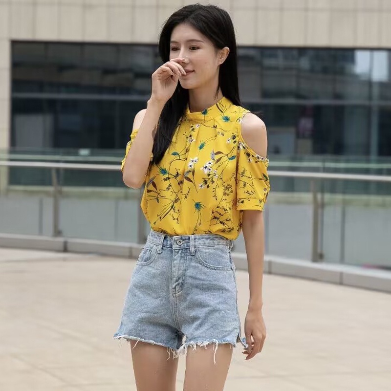 Áo voan in hoa hở vai ngắn tay thời trang hè cho nữ