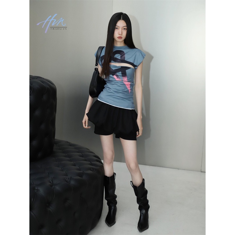 Áo Thun Cổ Cao Màu Đen Hồng Gradient Phong Cách Thời Trang Mùa Hè Cho Nữ